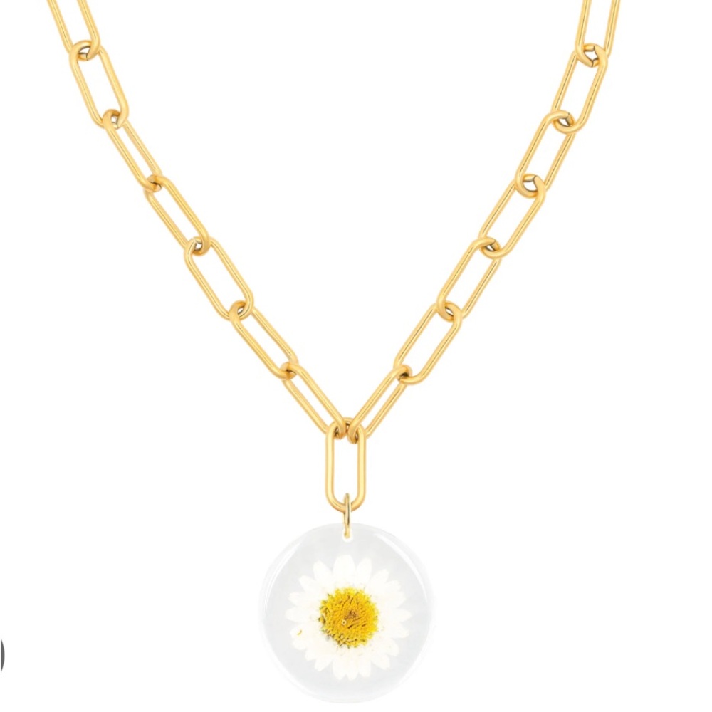 🌼DAUPHINETTE🌼 real pink daisy suspended in resin gold chain necklace